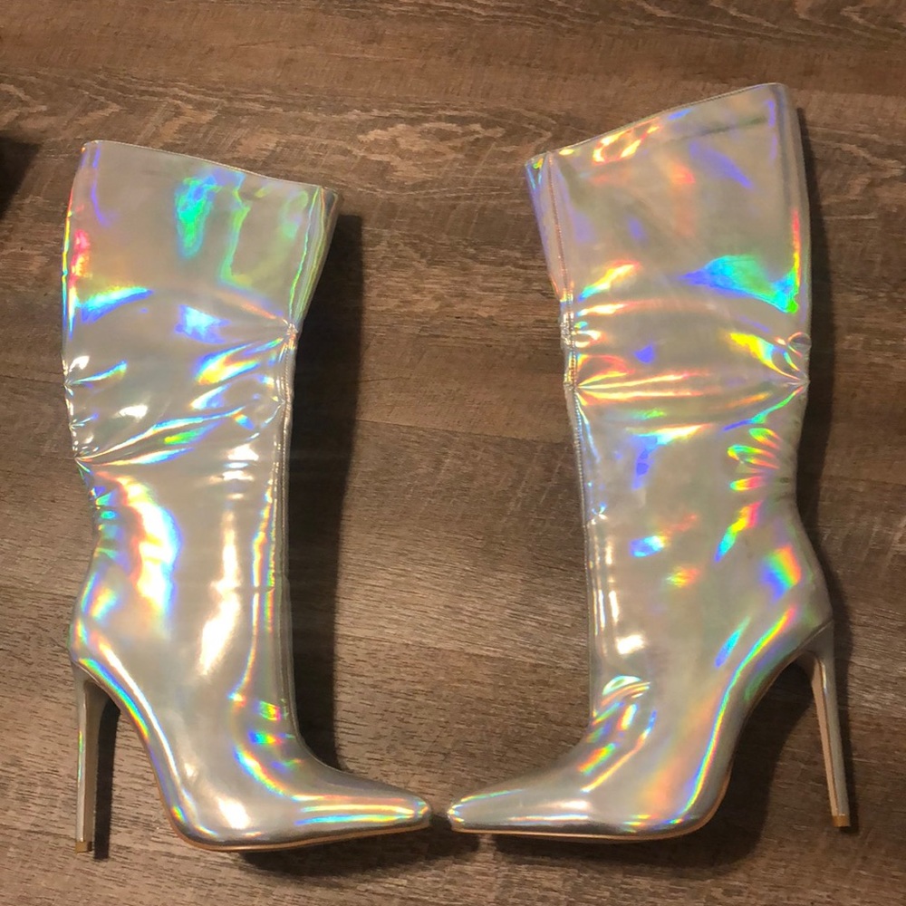 Silver metallic knee high boots
